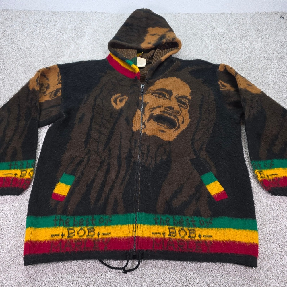 Vintage 90s Artesanias Bob Marley Wool Hoodie Sweater Mens M/L Ecuador Rasta Zip